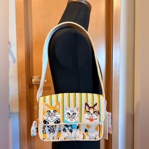 Beaded Cat Panel Shoulder Bag in Yellow Multicolor
